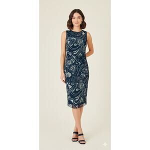 Kay Unger 100% Nylon Sheath Bodycon Green Black Printed Dress XL High Neck